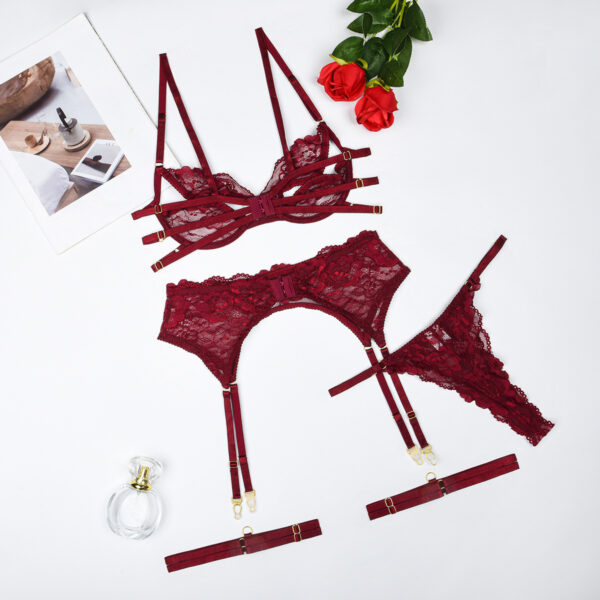 Sexy Four-piece Set Drop-shaped Diamond Tablets Sexy Lace Cutout Underwear Suit - Image 3