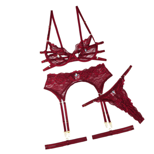Sexy Four-piece Set Drop-shaped Diamond Tablets Sexy Lace Cutout Underwear Suit - Image 4