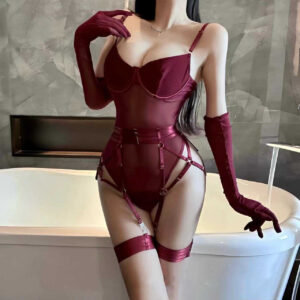See-through Sexy Jumpsuit Mesh Stitching Bra Assembly Gloves