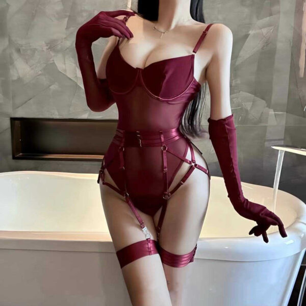 See-through Sexy Jumpsuit Mesh Stitching Bra Assembly Gloves