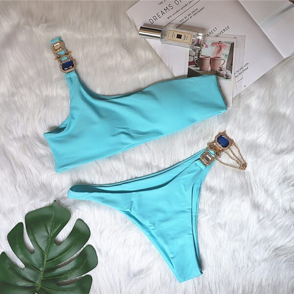 New Swimsuit Luxury Crystal Diamond Chain Women's Split Swimsuit Plain One Shoulder European And American Bikini - Image 5
