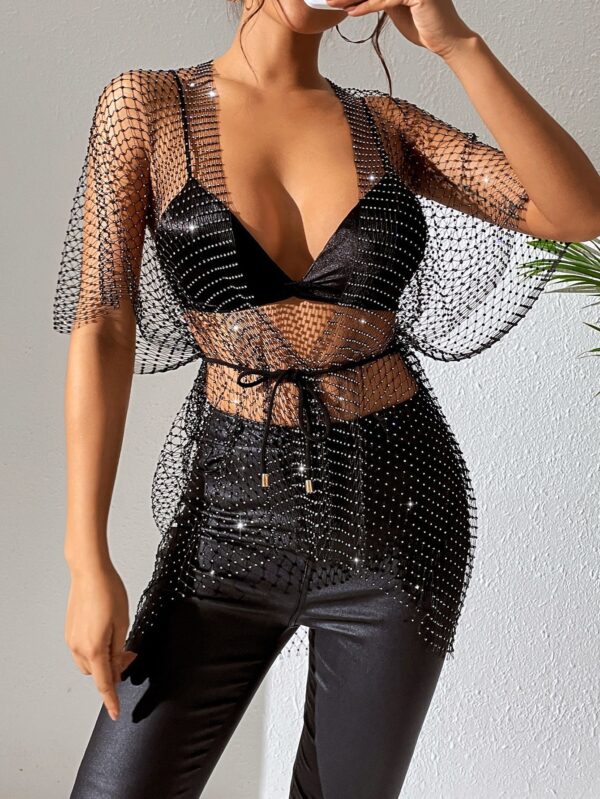Sexy Fishnet Rhinestone Women's Short-sleeved Cardigan Nightclub Outer Tops - Image 6