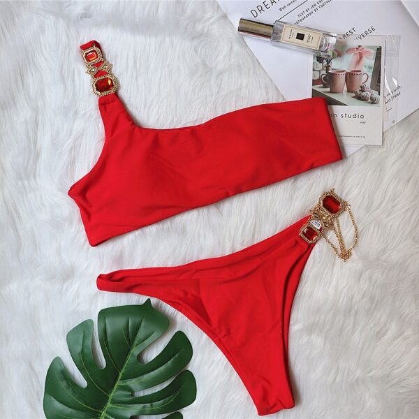New Swimsuit Luxury Crystal Diamond Chain Women's Split Swimsuit Plain One Shoulder European And American Bikini - Image 3