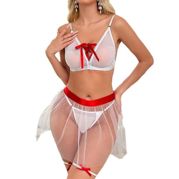 White Mesh Red Bow Underwear Sexy Suit - Image 5