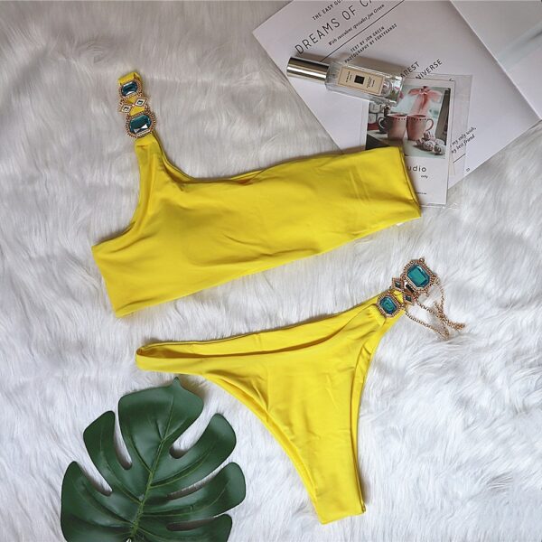 New Swimsuit Luxury Crystal Diamond Chain Women's Split Swimsuit Plain One Shoulder European And American Bikini - Image 7