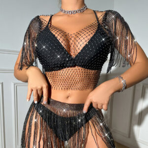 Sexy Fishnet Rhinestone Women's Short-sleeved Cardigan Nightclub Outer Tops