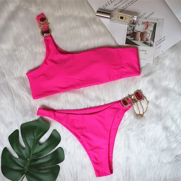 New Swimsuit Luxury Crystal Diamond Chain Women's Split Swimsuit Plain One Shoulder European And American Bikini - Image 4