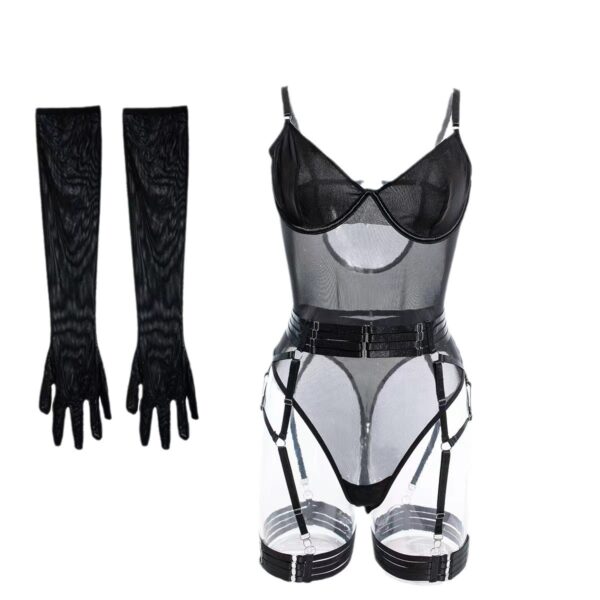 See-through Sexy Jumpsuit Mesh Stitching Bra Assembly Gloves - Image 6